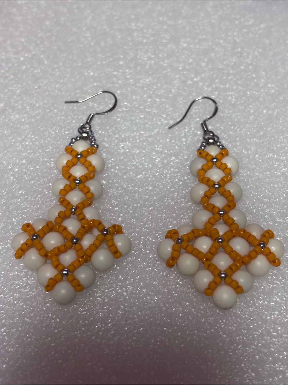 Ivory White Jasper and Yellow Beaded Drop Earrings 2.5 inches